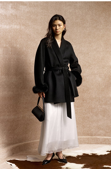Ximeiling Fur Cuff Wool Wrap Coat in Ink Black - view 1