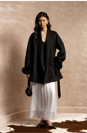 Ximeiling Fur Cuff Wool Wrap Coat in Ink Black - view 2