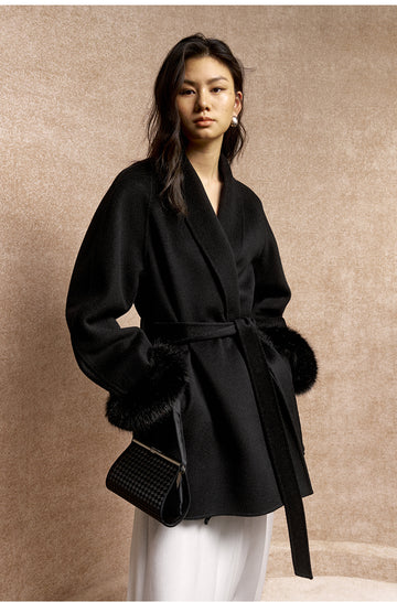 Ximeiling Fur Cuff Wool Wrap Coat in Ink Black - view 3