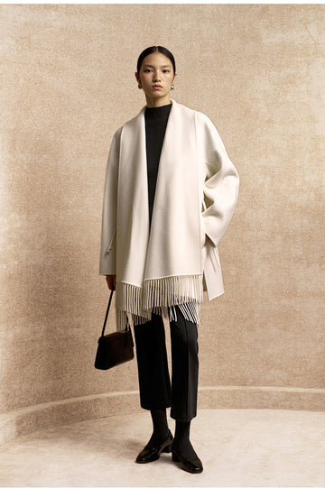 Xiangsikou Fringed Belted Wool Coat in Ivory White - view 1