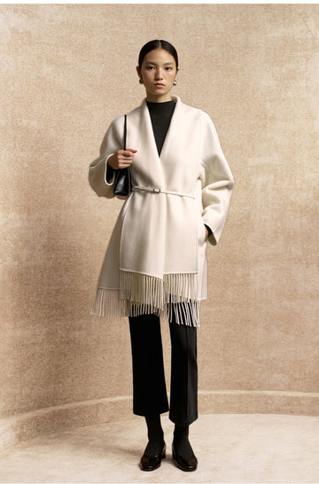 Xiangsikou Fringed Belted Wool Coat in Ivory White - view 2
