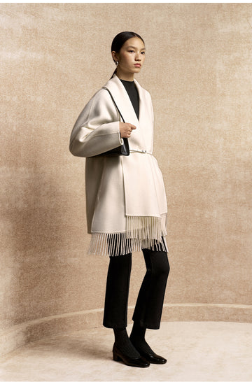Xiangsikou Fringed Belted Wool Coat in Ivory White - view 3
