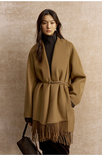 Xiangsikou Fringed Belted Wool Coat in Classic Camel - view 2