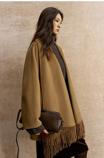 Xiangsikou Fringed Belted Wool Coat in Classic Camel - view 3