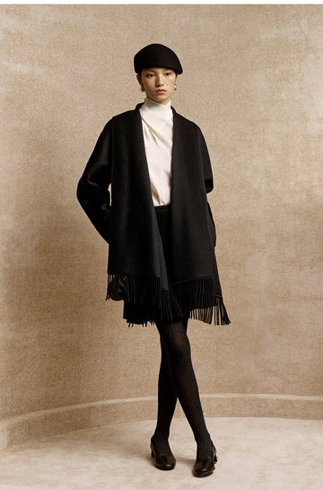 Xiangsikou Fringed Belted Wool Coat in Ink Black - view 1