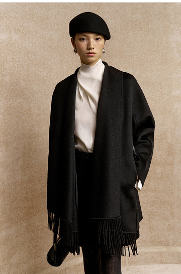 Xiangsikou Fringed Belted Wool Coat in Ink Black - view 2