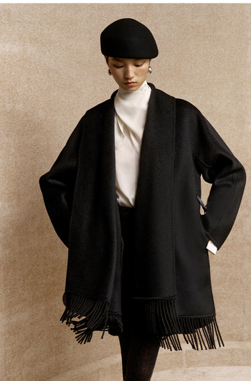 Xiangsikou Fringed Belted Wool Coat in Ink Black - view 3
