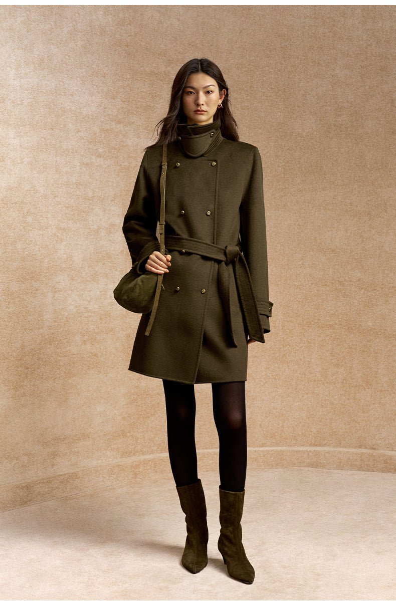 Meinong Belted Double-Breasted Wool Coat in Pine Grey Green - view 1