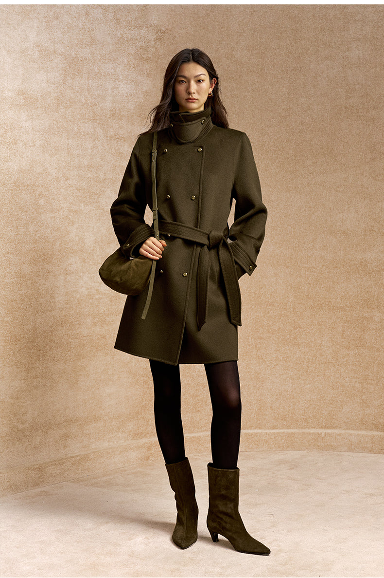 Meinong Belted Double-Breasted Wool Coat in Pine Grey Green - view 2