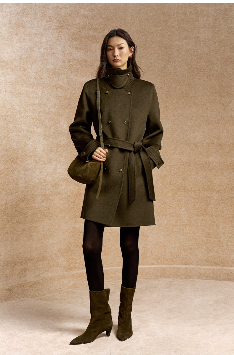 Meinong Belted Double-Breasted Wool Coat in Pine Grey Green - view 3