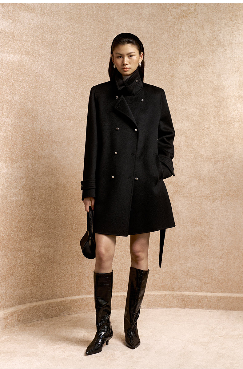 Meinong Belted Double-Breasted Wool Coat in Ink Black - view 1