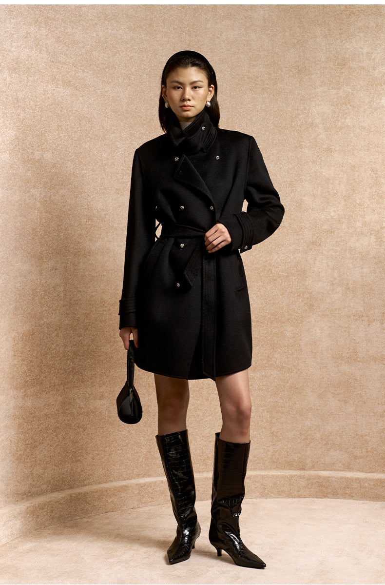 Meinong Belted Double-Breasted Wool Coat in Ink Black - view 3