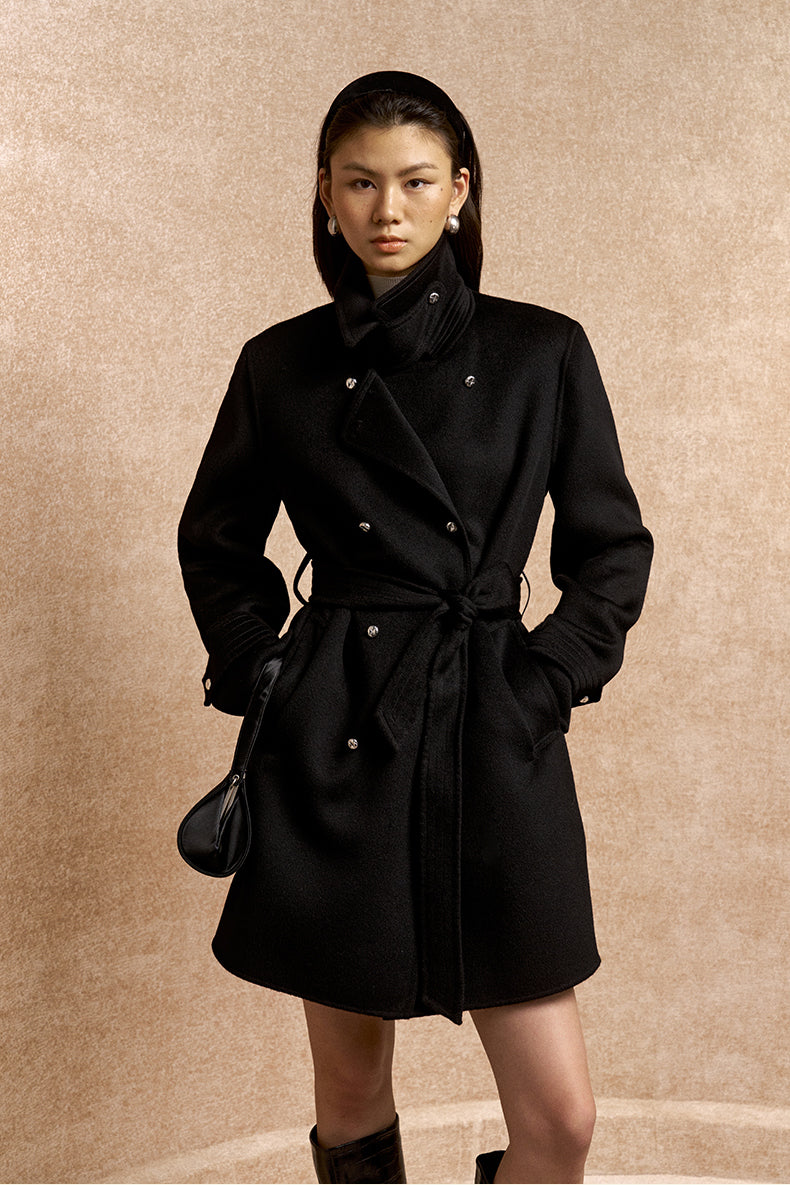 Meinong Belted Double-Breasted Wool Coat in Ink Black - view 5