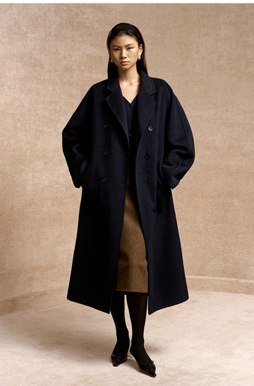 Wangminghe Wool Silk Yak Belted Coat in Night Cyan Blue - view 1