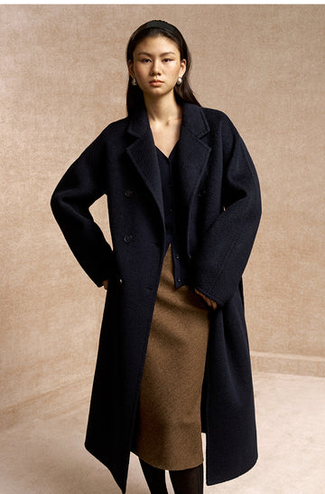 Wangminghe Wool Silk Yak Belted Coat in Night Cyan Blue - view 2