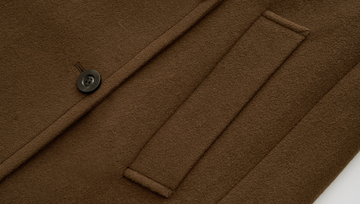Ta Que Zhi Double-Breasted Wool Coat in Roasted Brown - Pocket and button detail