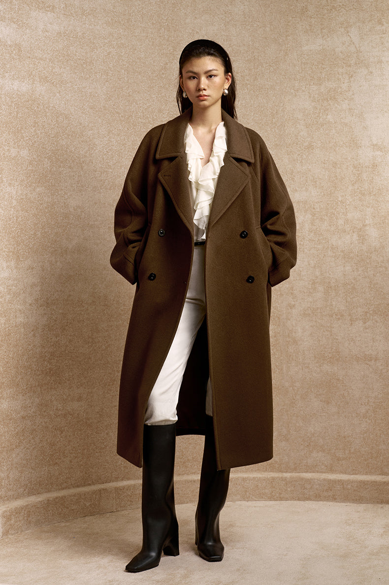 Ta Que Zhi Double-Breasted Wool Coat in Roasted Brown - view 1