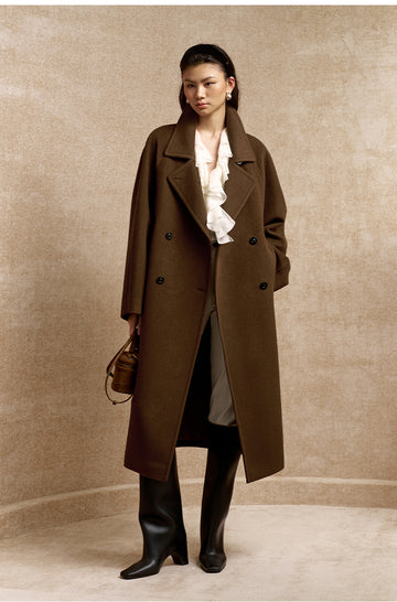Ta Que Zhi Double-Breasted Wool Coat in Roasted Brown - view 2
