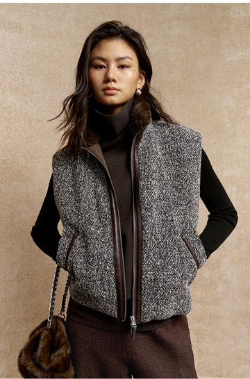 Linglongwang Textured Wool Zip Vest in Light Flecked Grey - view 3
