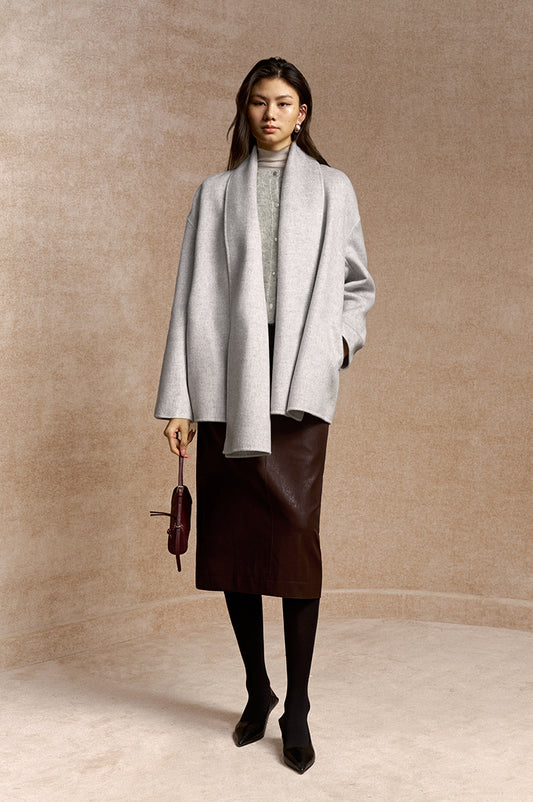 Dongriyun Draped Scarf Wool Coat in Mist Grey - view 1