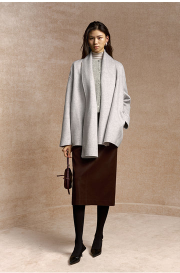 Dongriyun Draped Scarf Wool Coat in Mist Grey - view 2