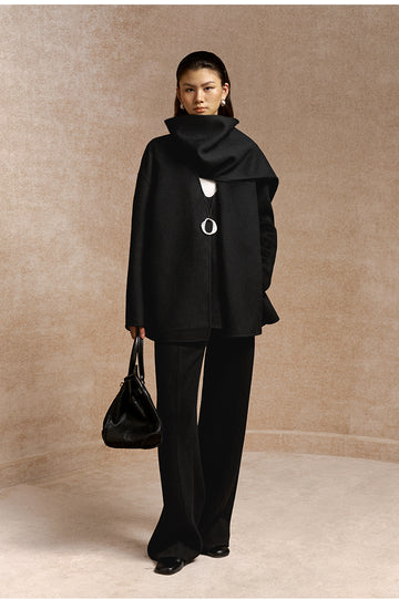 Dongriyun Draped Scarf Wool Coat in Ink Black - view 1