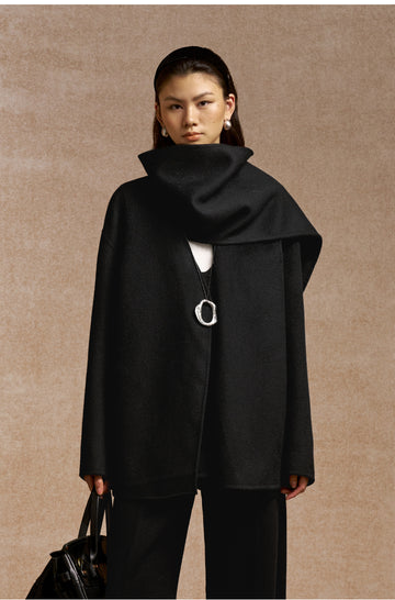Dongriyun Draped Scarf Wool Coat in Ink Black - view 2