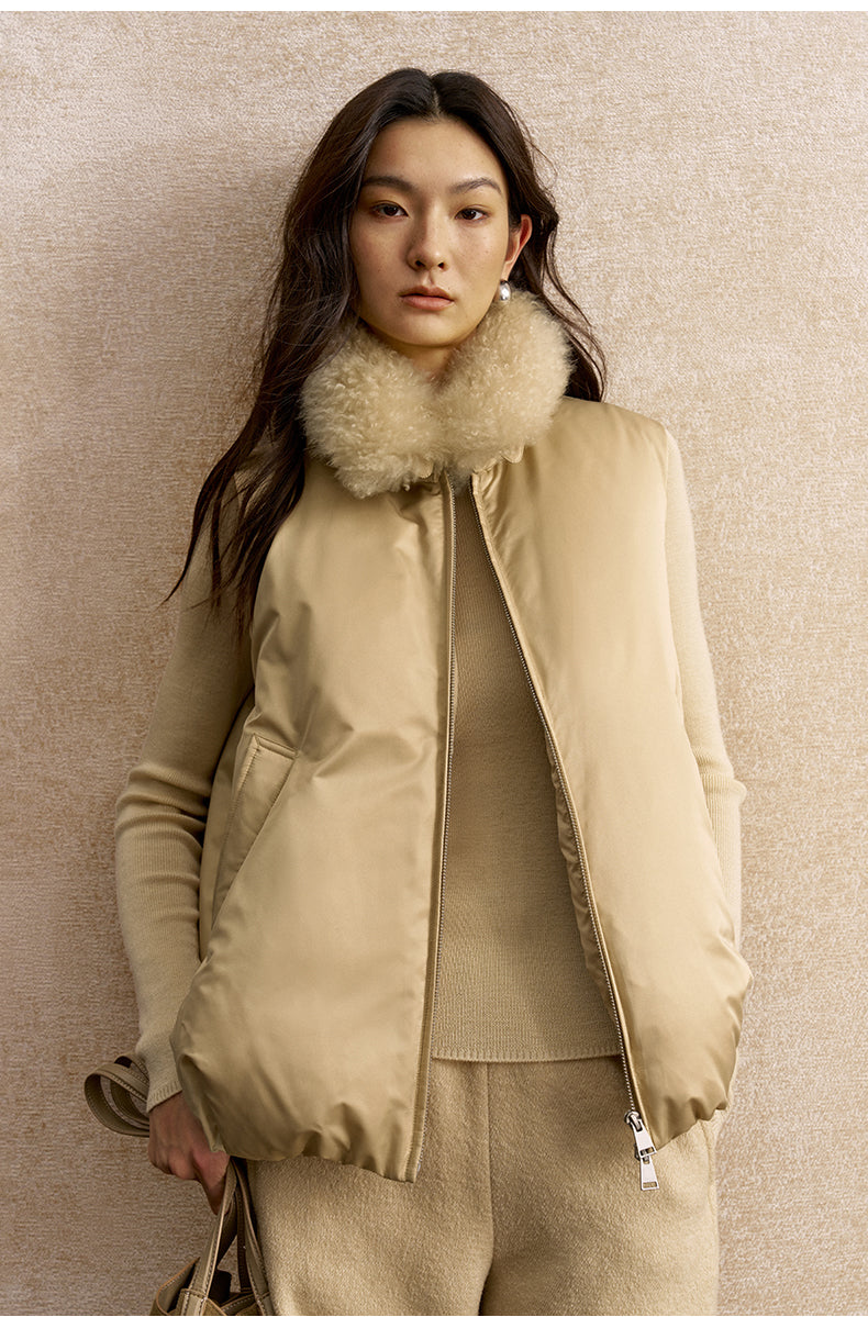 Luo Yun Yan Shearling-Collar Down Vest - Milky Camel