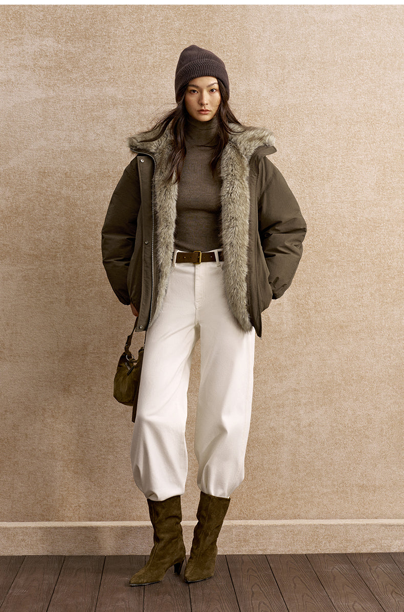 Fengjinqi Faux Fur Collar Down Bomber in Pine Tea Brown - view 1 - Pine Tea Brown