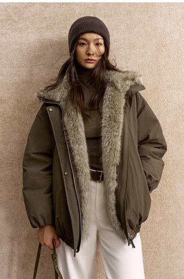 Fengjinqi Faux Fur Collar Down Bomber in Pine Tea Brown - view 2 - Pine Tea Brown