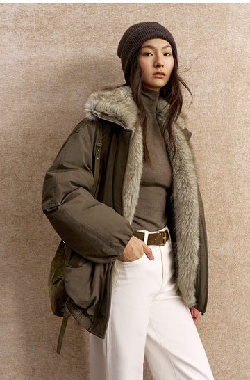Fengjinqi Faux Fur Collar Down Bomber in Pine Tea Brown - view 3 - Pine Tea Brown