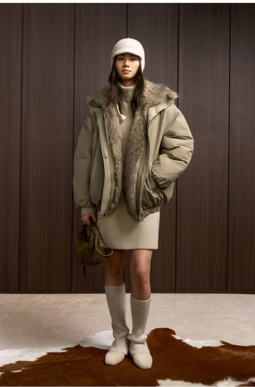 Fengjinqi Faux Fur Collar Down Bomber in Tea Grey - view 1 - Tea Grey