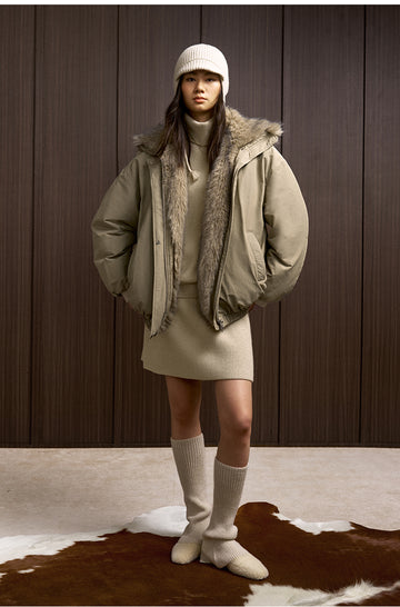 Fengjinqi Faux Fur Collar Down Bomber in Tea Grey - view 2 - Tea Grey