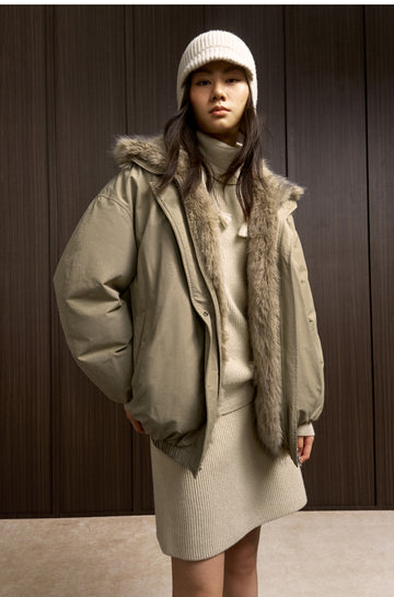 Fengjinqi Faux Fur Collar Down Bomber in Tea Grey - view 3 - Tea Grey