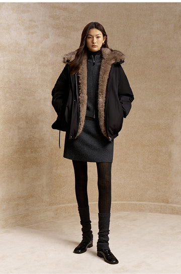 Fengjinqi Faux Fur Collar Down Bomber in Deep Ink Black - view 1 - Deep Ink Black