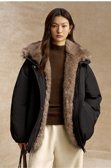 Fengjinqi Faux Fur Collar Down Bomber in Deep Ink Black - view 3 - Deep Ink Black