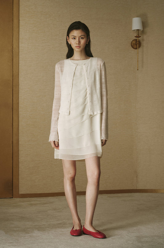 Pointelle Ruffle Wool Cardigan - Ivory White