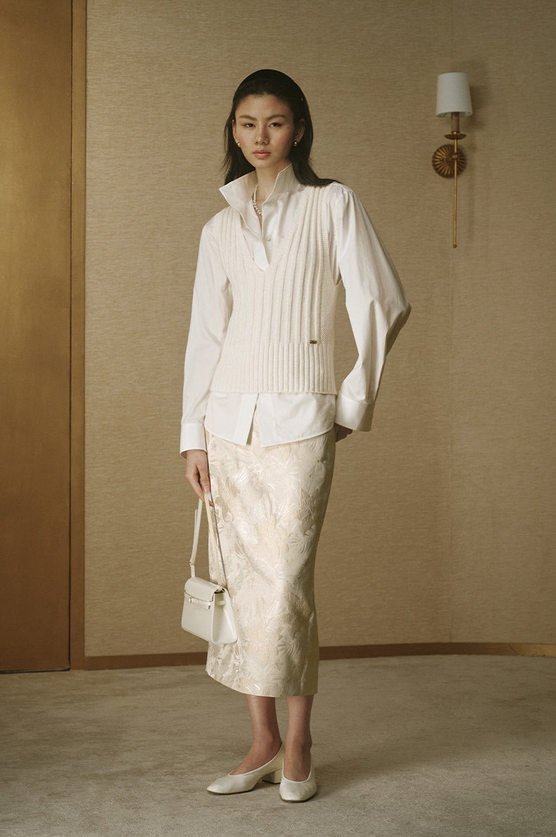 Cotton Wool V-Neck Knit Vest - Ivory White