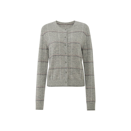 Silk Wool Cable Cardigan in Flecked Grey, white background hover image