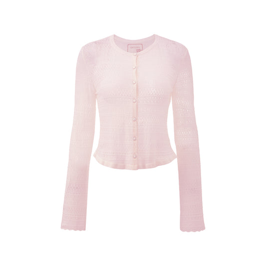 Pointelle Ruffle Wool Cardigan - white background hover image