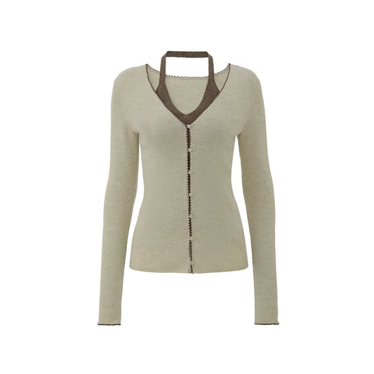 Contrast Layer Wool Knit - Jade Ivory / Light Tea Brown