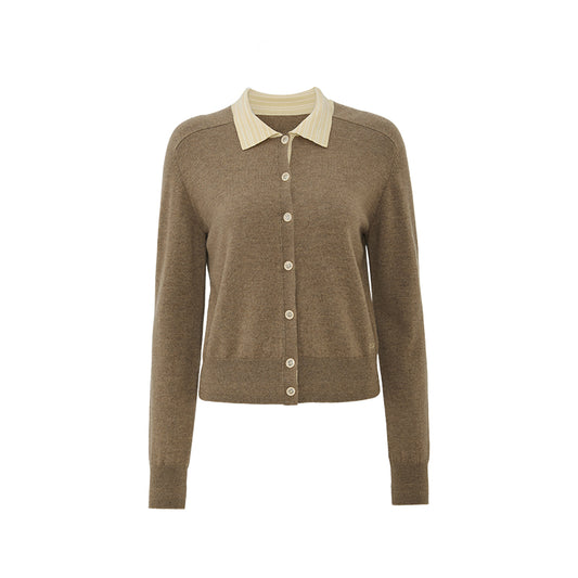 Striped Wool Polo Cardigan in Light Tea Camel Stripe, product view