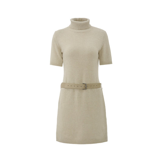 Wool Mockneck Belted Dress - Jade Ivory