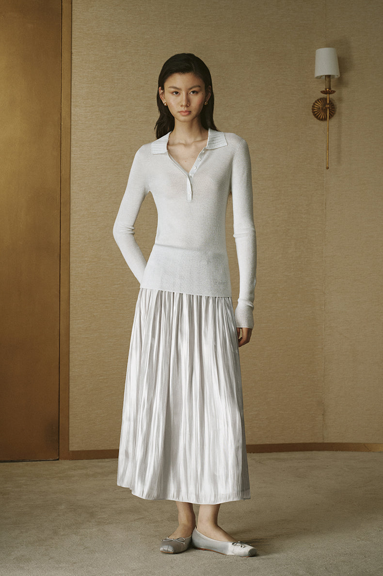 Ribbed Knit Polo - Silver White