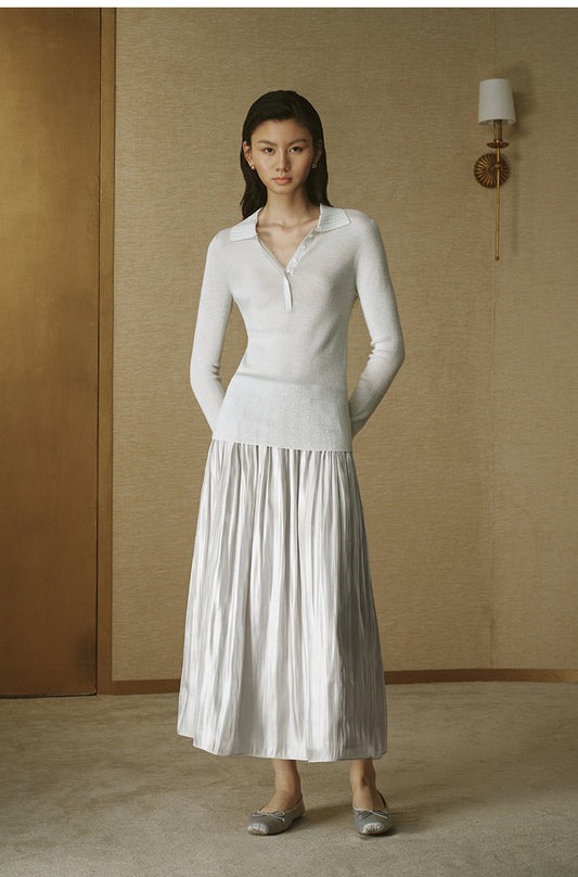 Ribbed Knit Polo - Silver White