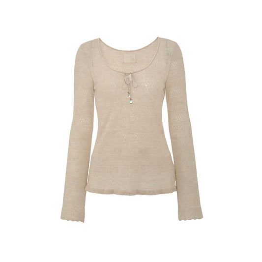 Pointelle Scoop-Neck Wool Sweater - white background hover image