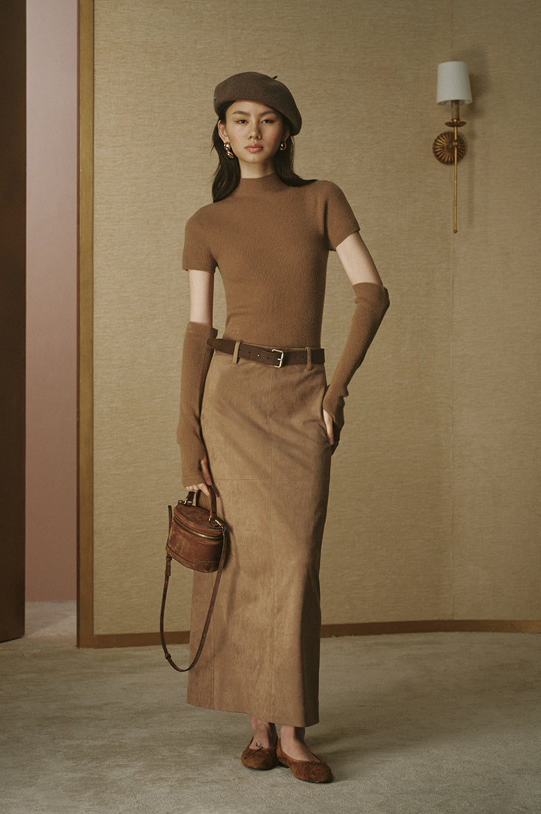Suede Leather Slim Belt - Sandalwood Brown