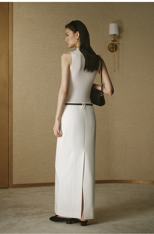 Belted Straight Maxi Skirt - Ivory White