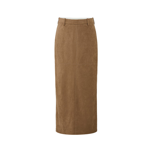 Faux Suede Straight Midi Skirt in Amber Camel, product view