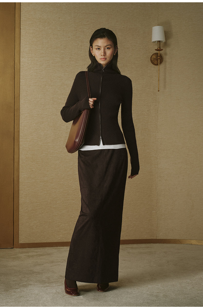 Faux Suede Straight Midi Skirt - Deep Coffee